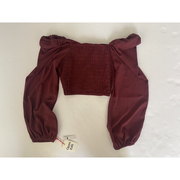 Open Edit Ruched Long Sleeve Keyhole Crop Top Burgundy Tannin S‎ - Picture 9 of 10